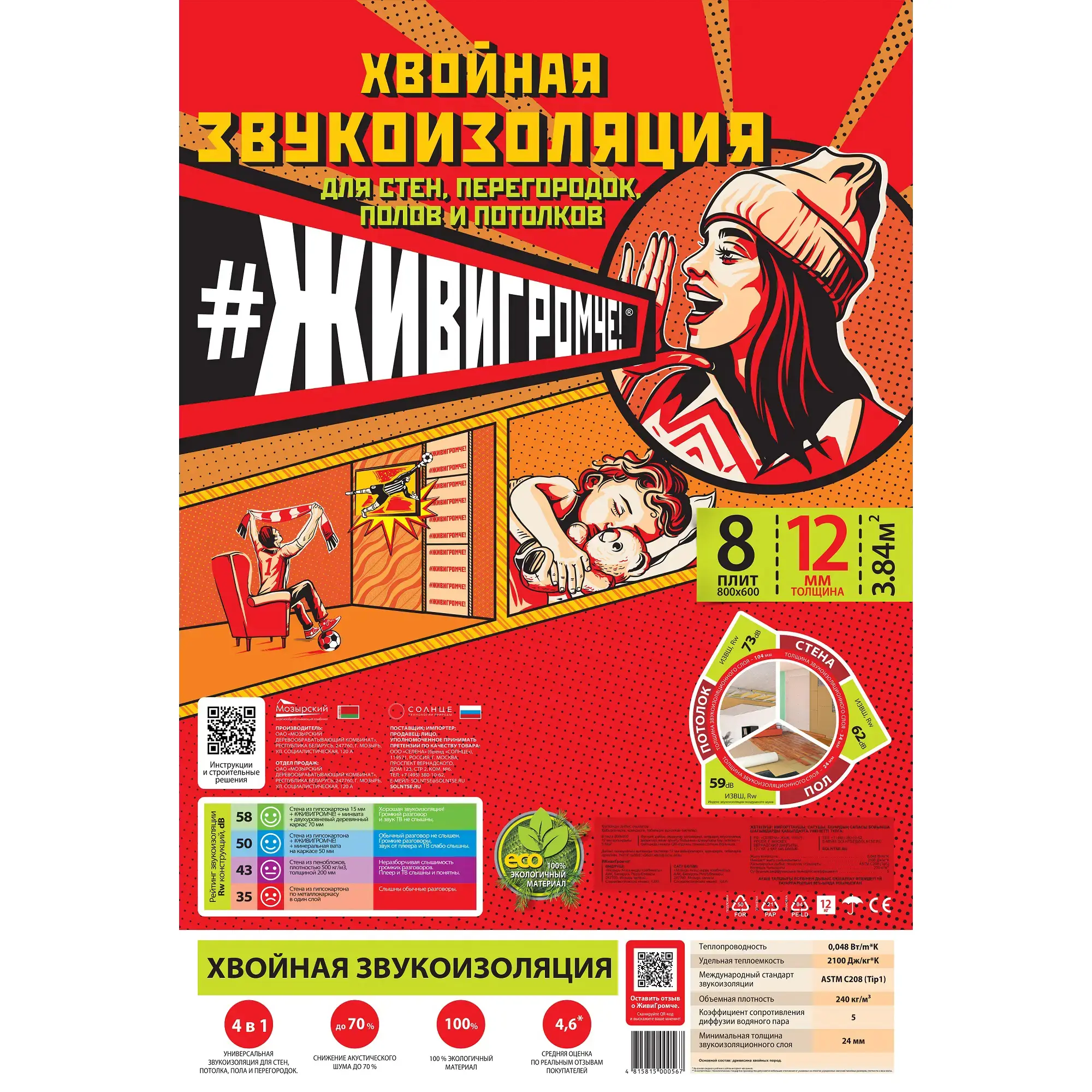 Хвойная звукоизоляция под гипсокартон ЖивиГромче 12 мм 600x800 мм 3.84 м² — изображение 3