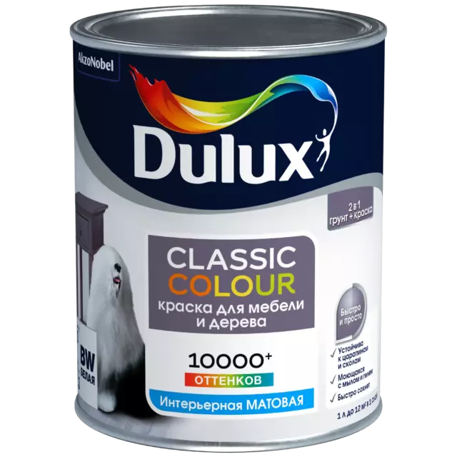Краска для мебели и дерева Dulux Classic Colour моющаяся матовая цвет белый база А 1 л — изображение 2