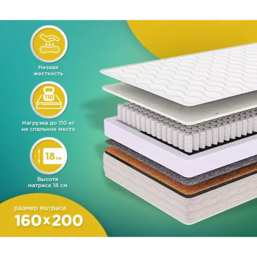 Матрас Hugge Tallon 160x200 см независимый пружинный блок, двуспальный, ортопедический, кокосовый