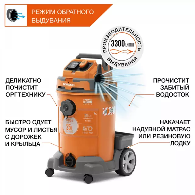 Пылесос строительный Daewoo DAVC 2500SD, 1400 Вт, 25 л — изображение 5