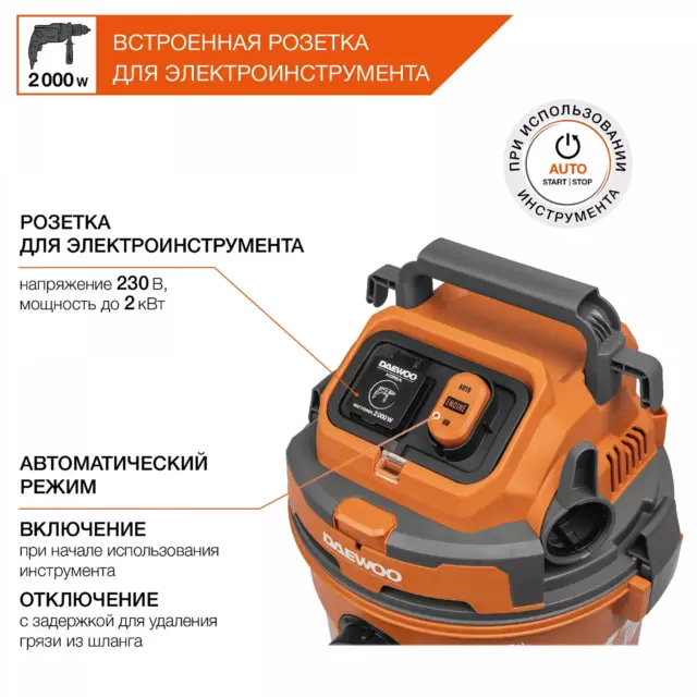Пылесос строительный Daewoo DAVC 2500SD, 1400 Вт, 25 л — изображение 6