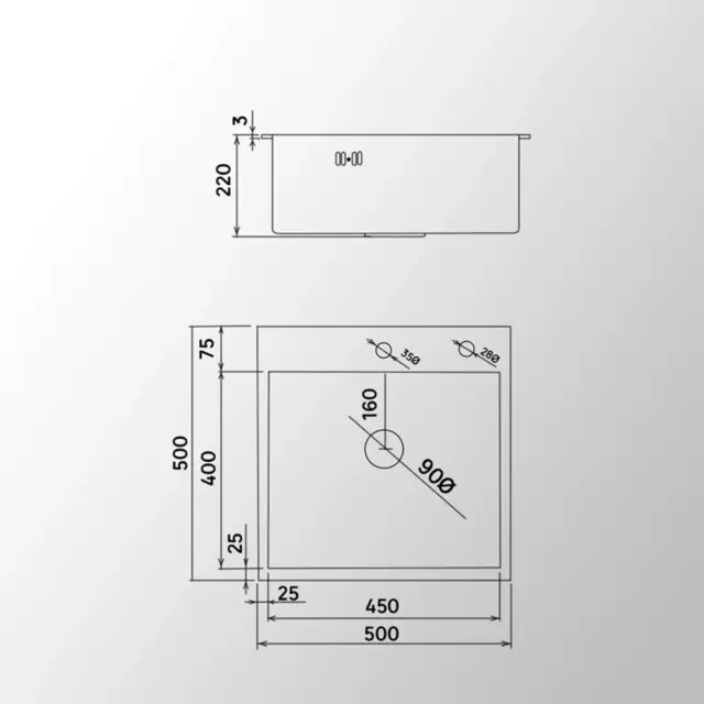 Мойка для кухни врезная Glyph Gl35050B 50x50 см глубина чаши 20 см нержавеющая сталь цвет графит — изображение 3